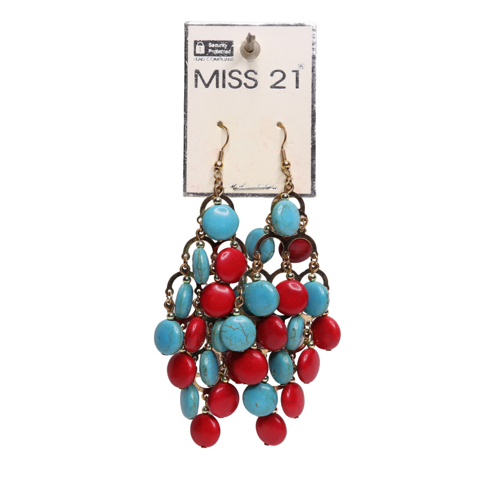Miss 21 Red And Blue Faux Stone Chandelier Gold Tone Earrings - New On Card